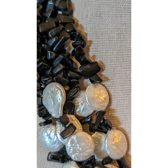Six Strand White Coin Pearl Black Onyx Chip Sterling Slide In Clasp Necklace - Picture 3 of 8